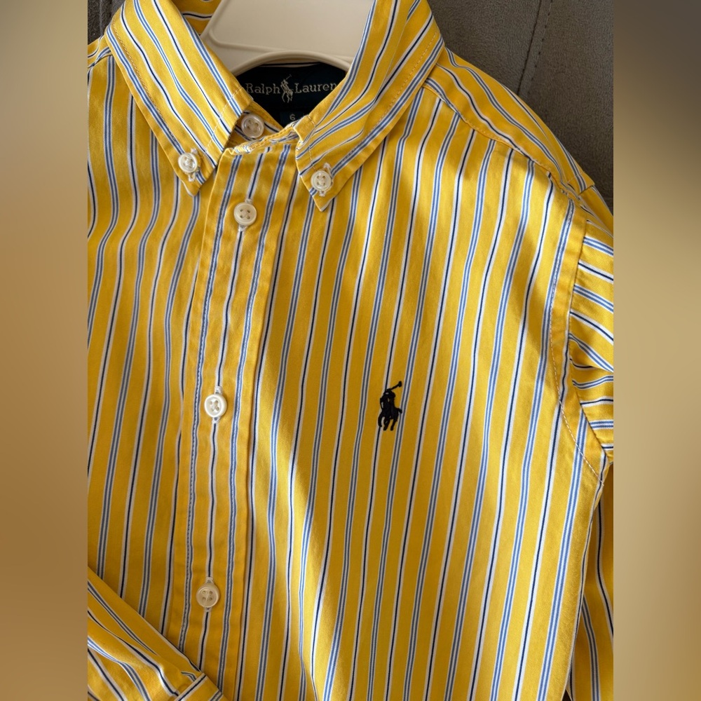 Ralph Lauren Shirt Boys Yellow Striped Long Sleeve Button Classic Size 6 Cotton - Picture 6 of 10